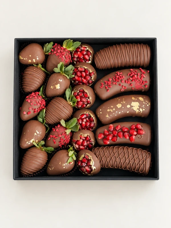 Фруктовый бокс "Pomegranate" — «Фруктовый бокс Pomegranate» — клубничный бокс Dolce Sweets из 10 ягод клубники в молочном шоколаде, 5…